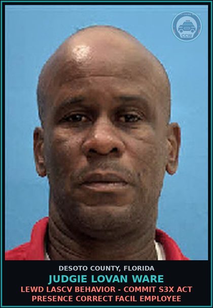 CCW arrest card for Judgie Lovan Ware in DeSoto County: LEWD LASCV BEHAVIOR - COMMIT s3x ACT PRESENCE CORRECT FACIL EMPLOYEE