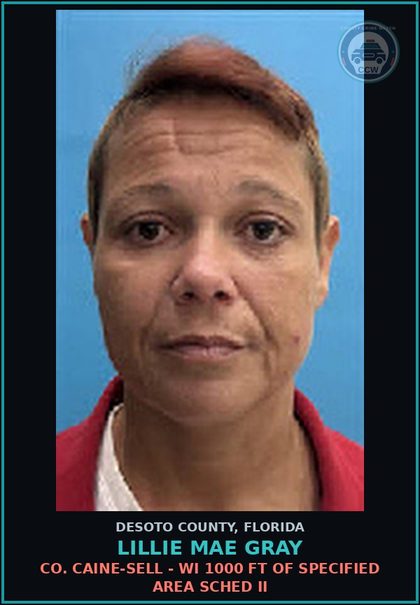 CCW arrest card for Lillie Mae Gray in DeSoto County: COCAINE-SELL - WI 1000 FT OF SPECIFIED AREA SCHED II