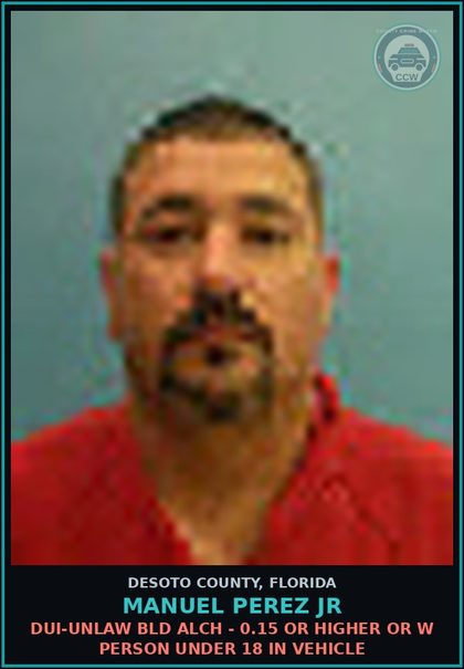 CCW arrest card for Manuel Perez Jr in DeSoto County: DUI-UNLAW BLD ALCH - 0.15 OR HIGHER OR W PERSON UNDER 18 IN VEHICLE