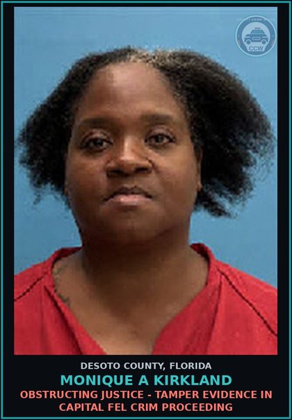 CCW arrest card for Monique A Kirkland in DeSoto County: SMUGGLE CONTRABAND - INTRO WRITTEN RECORDED COMM IN CNTY DETN FACIL