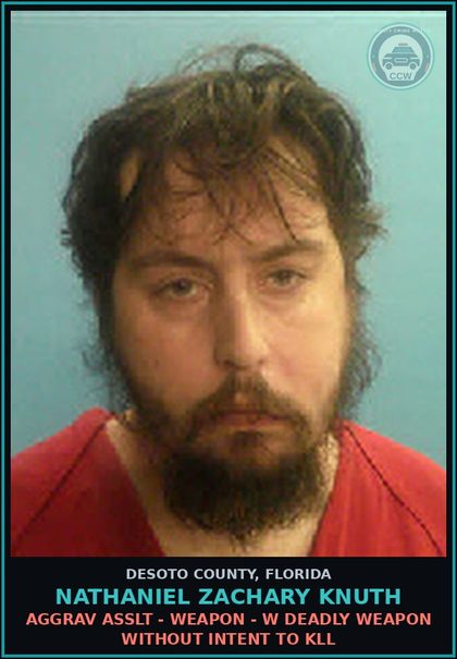 CCW arrest card for Nathaniel Zachary Knuth in DeSoto County: AGGRAV ASSLT - WEAPON - W DEADLY WEAPON WITHOUT INTENT TO KILL