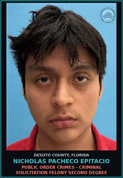 CCW arrest card for Nicholas Pacheco Epitacio in DeSoto County: OBSCENE MATERIAL-POSSESS - POSS CONTROL VIEW DEPICTION chld PORNOGRAPHY