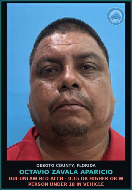 CCW arrest card for Octavio Zavala Aparicio in DeSoto County: DUI-UNLAW BLD ALCH - 0.15 OR HIGHER OR W PERSON UNDER 18 IN VEHICLE