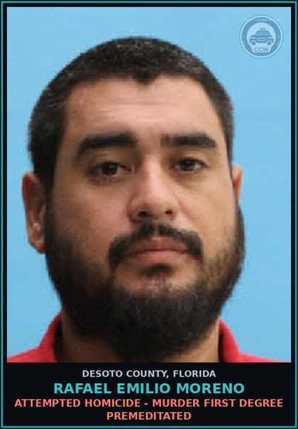 CCW arrest card for Rafael Emilio Moreno in DeSoto County: AGGRAV BATTERY - PERSON USES A DEADLY WEAPON
