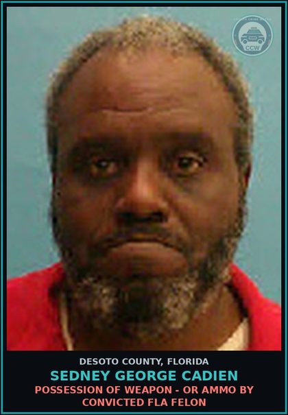 CCW arrest card for Sedney George Cadien in DeSoto County: DRUGS-POSSESS - INT SELL/MFG/DEL CTRL SUB WORSHIP/CONV SCHD II