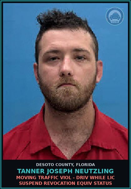 CCW arrest card for Tanner Joseph Neutzling in DeSoto County: MOVING TRAFFIC VIOL - DRIV WHILE LIC SUSPEND REVOCATION EQUIV STATUS