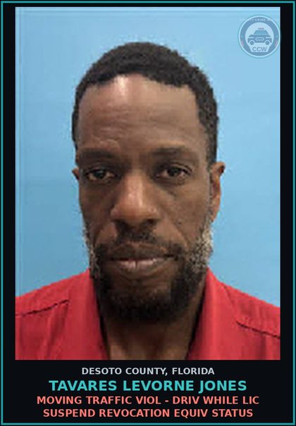 CCW arrest card for Tavares Levorne Jones in DeSoto County: MOVING TRAFFIC VIOL - DRIV WHILE LIC SUSPEND REVOCATION EQUIV STATUS
