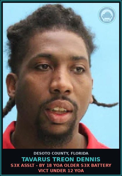 CCW arrest card for Tavarus Treon Dennis in DeSoto County: s3x ASSLT - BY 18 YOA OLDER s3x BATTERY VICT UNDER 12 YOA