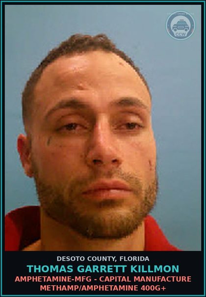 CCW arrest card for Thomas Garrett Killmon in DeSoto County: AMPHETAMINE-MFG - CAPITAL MANUFACTURE METH/AMPHETAMINE 400G+