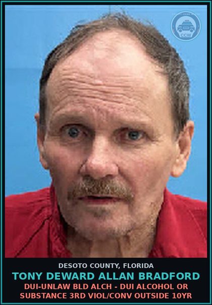 CCW arrest card for Tony Deward Allan Bradford in DeSoto County: DUI-UNLAW BLD ALCH - DUI ALCOHOL OR DRUG 3RD VIOL/CONV OUTSIDE 10YR