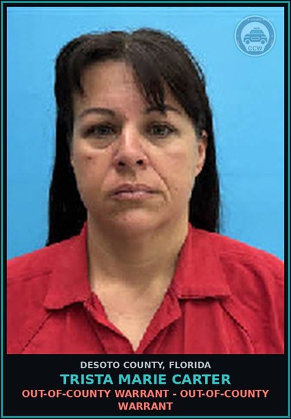 CCW arrest card for Trista Marie Carter in DeSoto County: OUT-OF-COUNTY WARRANT - OUT-OF-COUNTY WARRANT