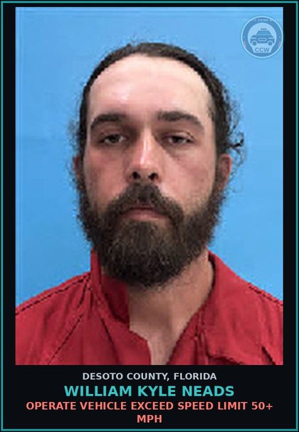 CCW arrest card for William Kyle Neads in DeSoto County: OPERATE VEHICLE EXCEED SPEED LIMIT 50+ MPH