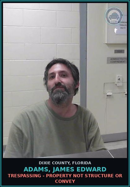 CCW arrest card for ADAMS, JAMES EDWARD in Dixie County: TRESPASSING - PROPERTY NOT STRUCTURE OR CONVEY