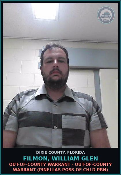 CCW arrest card for FILMON, WILLIAM GLEN in Dixie County: OUT-OF-COUNTY WARRANT - OUT-OF-COUNTY WARRANT (PINELLAS CO LEWD AND LACS BATT)