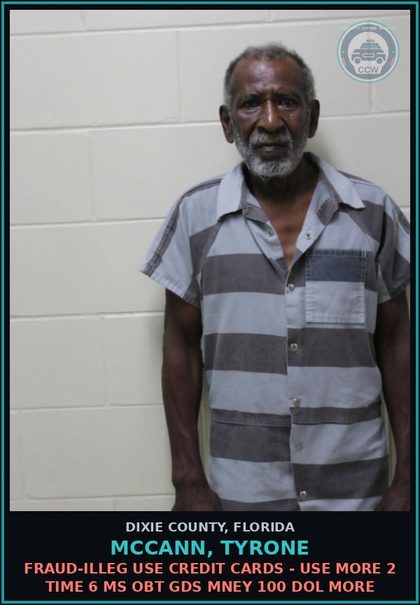 CCW arrest card for MCCANN, TYRONE in Dixie County: FRAUD-ILLEG USE CREDIT CARDS - USE MORE 2 TIME 6 MS OBT GDS MNEY 100 DOL MORE