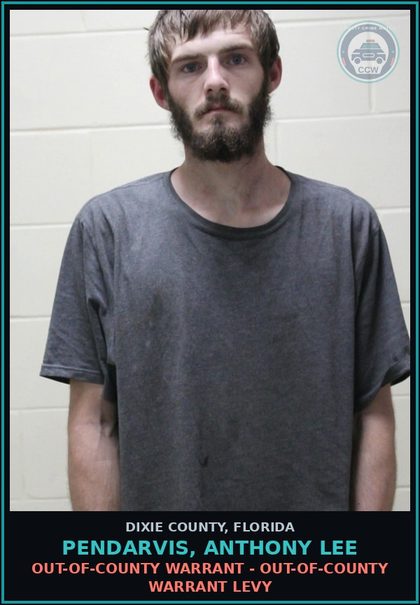 CCW arrest card for PENDARVIS, ANTHONY LEE in Dixie County: OUT-OF-COUNTY WARRANT - OUT-OF-COUNTY WARRANT LEVY