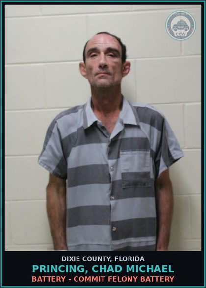 CCW arrest card for PRINCING, CHAD MICHAEL in Dixie County: BATTERY - COMMIT FELONY BATTERY