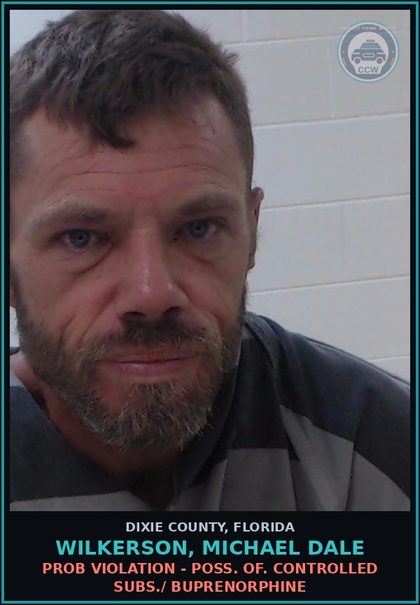 CCW arrest card for WILKERSON, MICHAEL DALE in Dixie County: PROB VIOLATION - POSS. OF. CONTROLLED SUBS./ BUPRENORPHINE