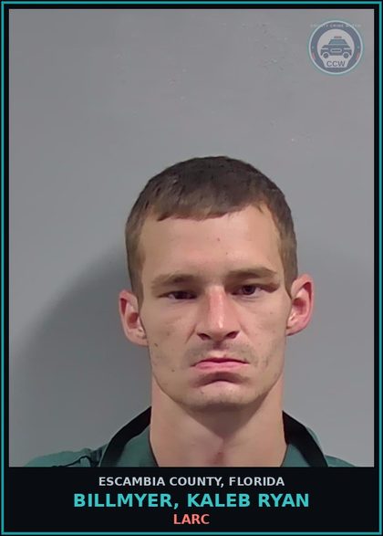 CCW arrest card for BILLMYER, KALEB RYAN in Escambia County: LARC