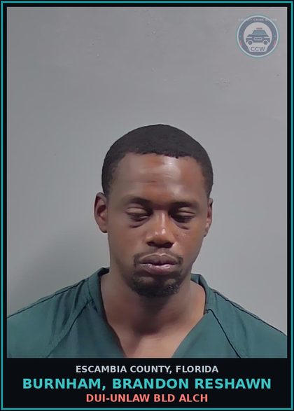 CCW arrest card for BURNHAM, BRANDON RESHAWN in Escambia County: DUI-UNLAW BLD ALCH