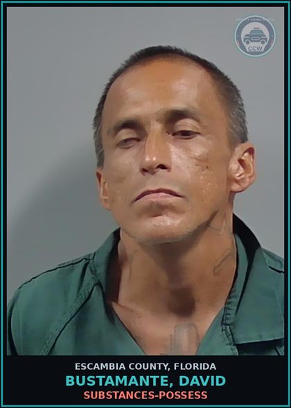 CCW arrest card for BUSTAMANTE, DAVID in Escambia County: DRUGS-POSSESS