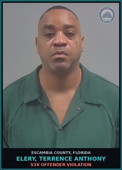 CCW arrest card for ELERY, TERRENCE ANTHONY in Escambia County: s3x OFFENDER VIOLATION