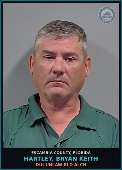 CCW arrest card for HARTLEY, BRYAN KEITH in Escambia County: DUI-UNLAW BLD ALCH