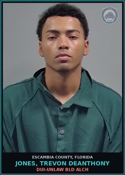 CCW arrest card for JONES, TREVON DEANTHONY in Escambia County: DUI-UNLAW BLD ALCH