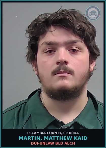 CCW arrest card for MARTIN, MATTHEW KAID in Escambia County: DUI-UNLAW BLD ALCH