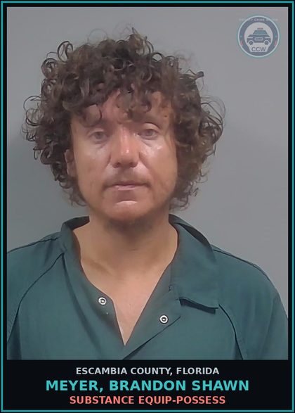CCW arrest card for MEYER, BRANDON SHAWN in Escambia County: DRUG EQUIP-POSSESS