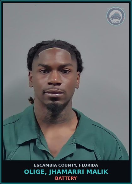 CCW arrest card for OLIGE, JHAMARRI MALIK in Escambia County: BATTERY