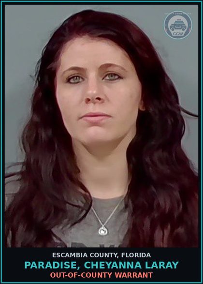 CCW arrest card for PARADISE, CHEYANNA LARAY in Escambia County: OUT-OF-COUNTY WARRANT
