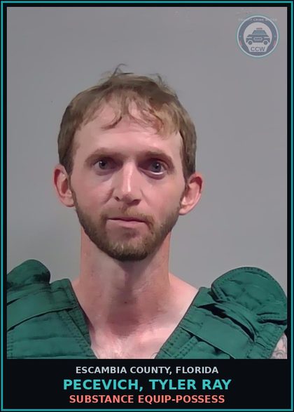 CCW arrest card for PECEVICH, TYLER RAY in Escambia County: DRUG EQUIP-POSSESS