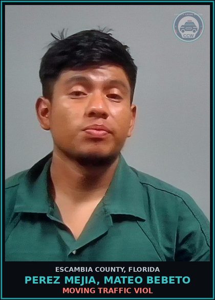 CCW arrest card for PEREZ MEJIA, MATEO BEBETO in Escambia County: MOVING TRAFFIC VIOL