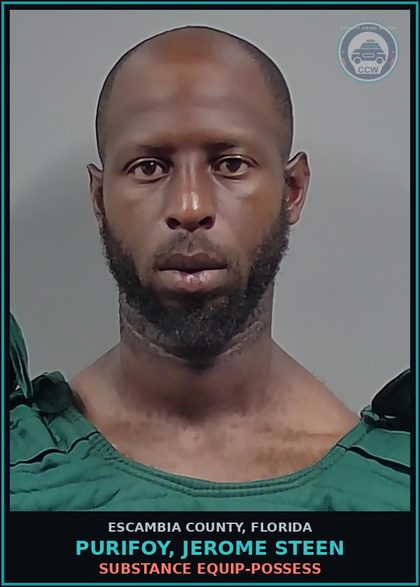 CCW arrest card for PURIFOY, JEROME STEEN in Escambia County: DRUG EQUIP-POSSESS