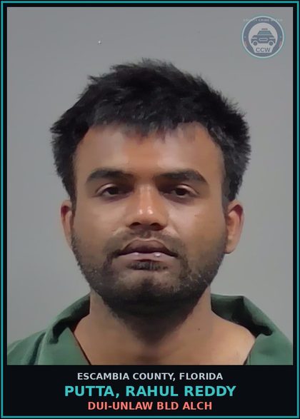 CCW arrest card for PUTTA, RAHUL REDDY in Escambia County: DUI-UNLAW BLD ALCH