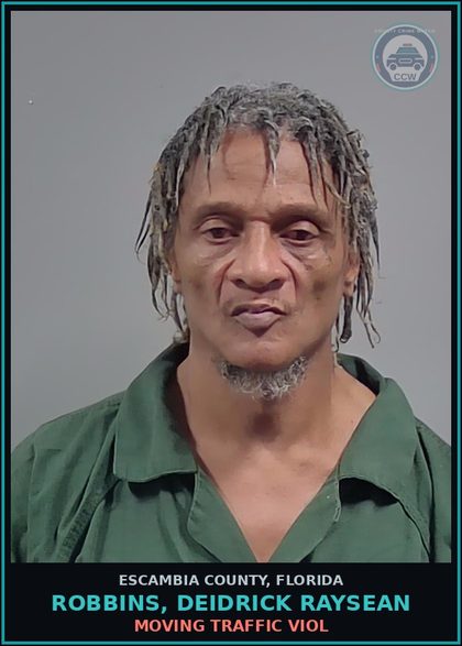 CCW arrest card for ROBBINS, DEIDRICK RAYSEAN in Escambia County: MOVING TRAFFIC VIOL