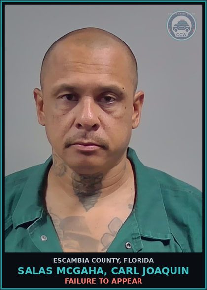 CCW arrest card for SALAS MCGAHA, CARL JOAQUIN in Escambia County: FAILURE TO APPEAR