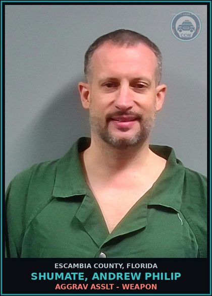 CCW arrest card for SHUMATE, ANDREW PHILIP in Escambia County: AGGRAV ASSLT - WEAPON