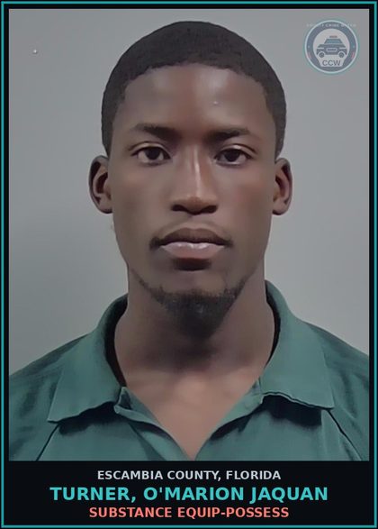 CCW arrest card for TURNER, O'MARION JAQUAN in Escambia County: DRUG EQUIP-POSSESS
