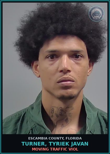 CCW arrest card for TURNER, TYRIEK JAVAN in Escambia County: MOVING TRAFFIC VIOL