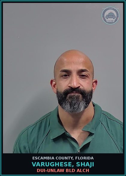 CCW arrest card for VARUGHESE, SHAJI in Escambia County: DUI-UNLAW BLD ALCH