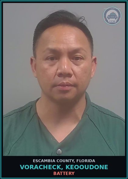 CCW arrest card for VORACHECK, KEOOUDONE in Escambia County: BATTERY