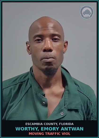 CCW arrest card for WORTHY, EMORY ANTWAN in Escambia County: MOVING TRAFFIC VIOL