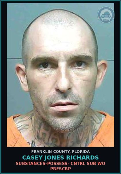 CCW arrest card for Casey Jones Richards in Franklin County: DRUGS-POSSESS- CNTRL SUB WO PRESCRIPTION
