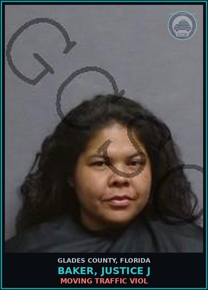 CCW arrest card for BAKER, JUSTICE J in Glades County: MOVING TRAFFIC VIOL