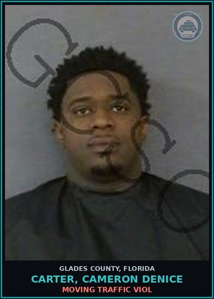 CCW arrest card for CARTER, CAMERON DENICE in Glades County: MOVING TRAFFIC VIOL