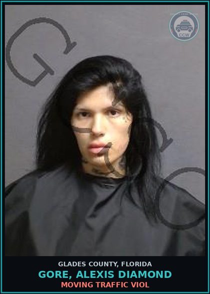 CCW arrest card for GORE, ALEXIS DIAMOND in Glades County: MOVING TRAFFIC VIOL