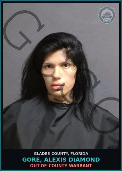 CCW arrest card for GORE, ALEXIS DIAMOND in Glades County: OUT-OF-COUNTY WARRANT