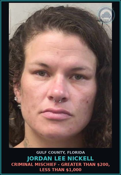CCW arrest card for JORDAN LEE NICKELL in Gulf County: CRIMINAL MISCHIEF - GREATER THAN $200, LESS THAN $1,000